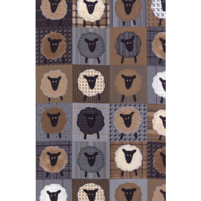 digital photo of multicolor neutral flannel with patchwork sheep in each square grid