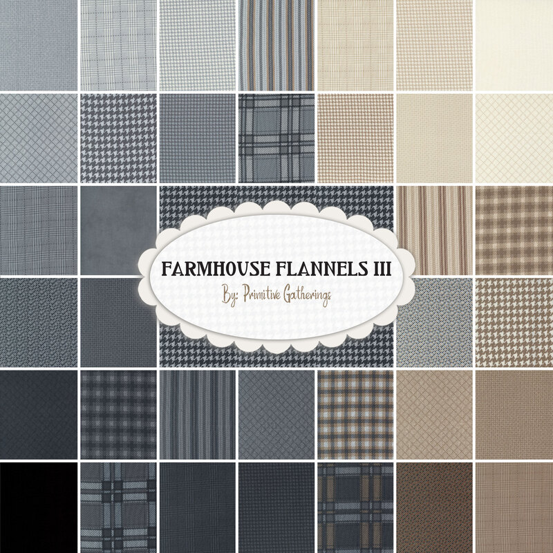 collage of all farmhouse flannels III fabrics in lovely shades of cream, taupe, gray, and black