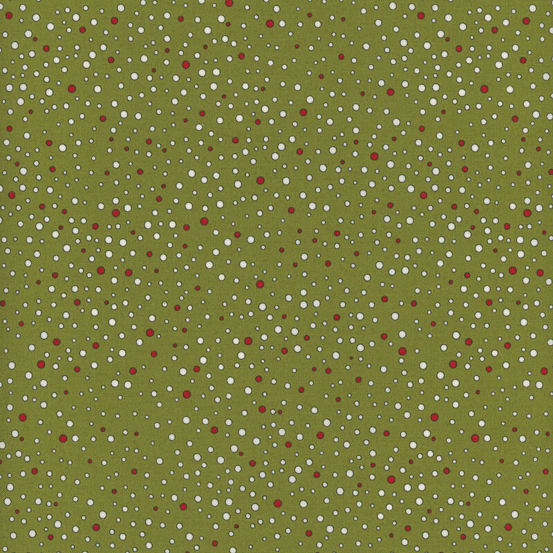 Red and white dots ranging in size and scattered across green fabric.
