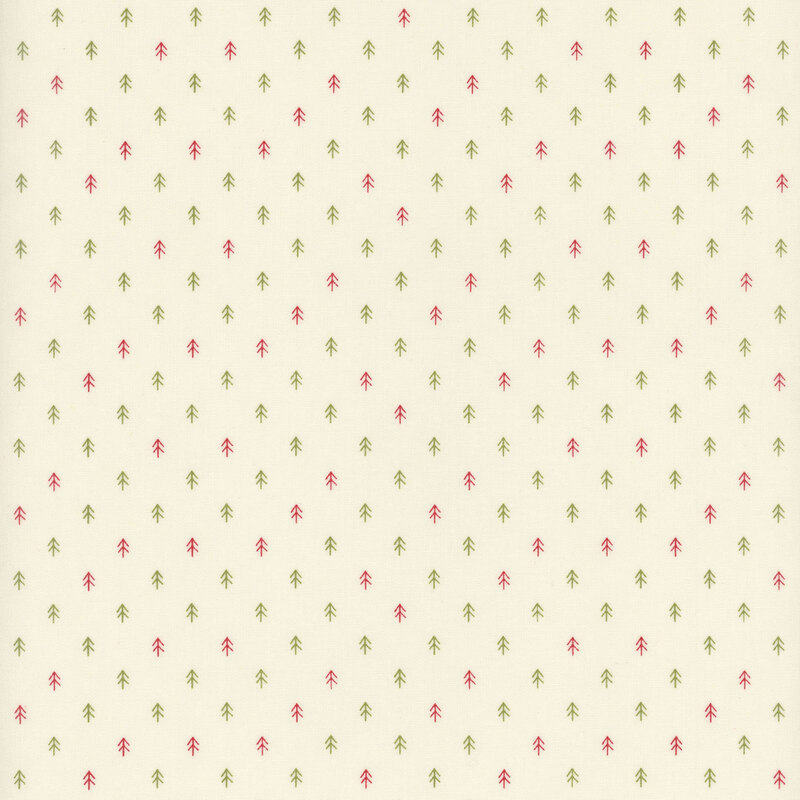 This cream fabric features tiny stick trees in green and red