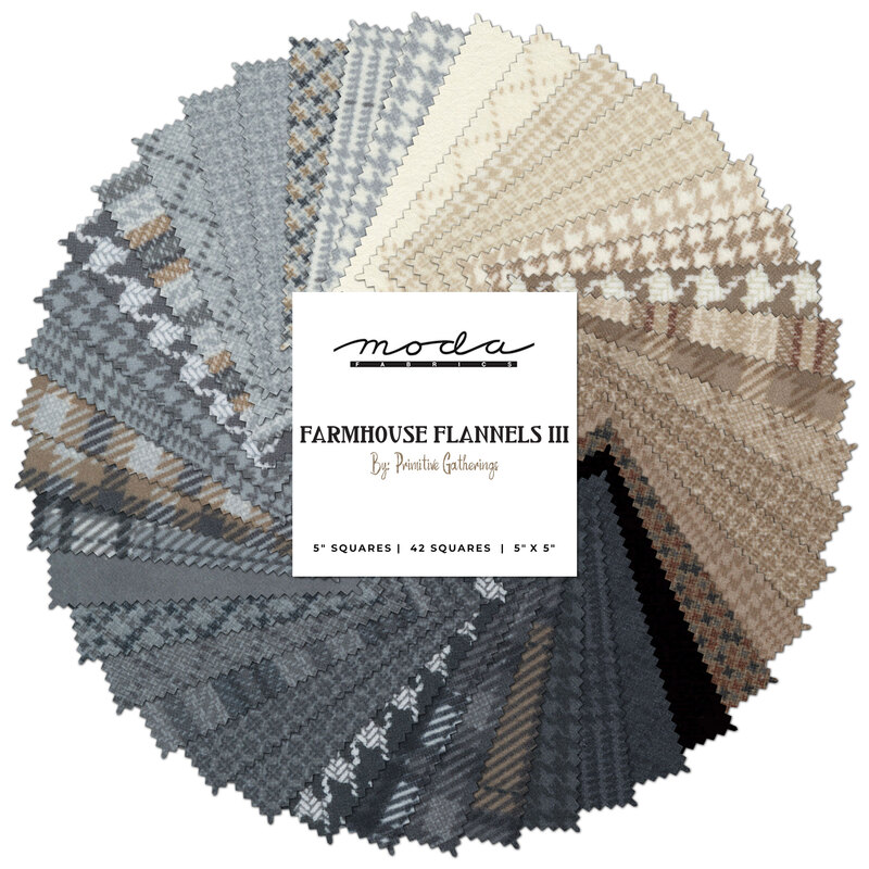 collage of all farmhouse flannels III fabrics, splayed in a circle, in lovely shades of cream, taupe, gray, and black