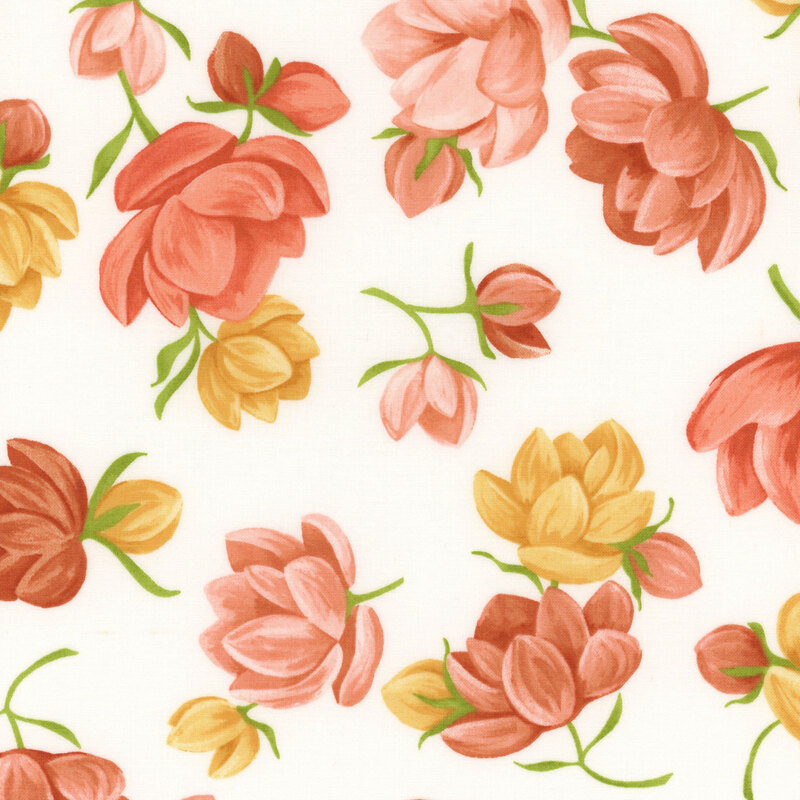 This fresh white fabric features tossed flowers featuring soft yellow and orange petals and tossed for a charming look