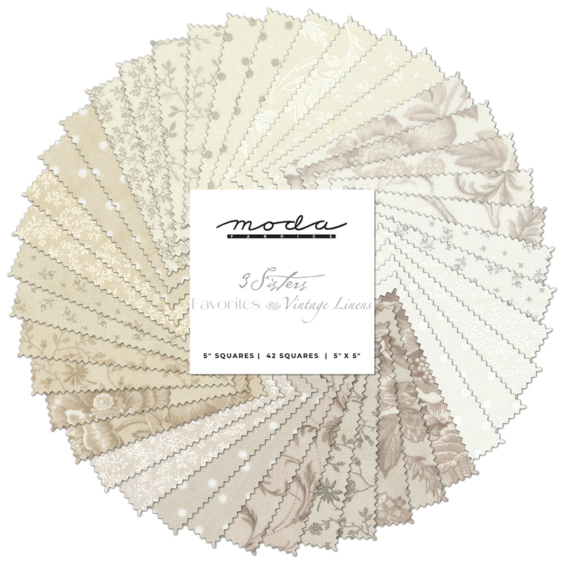 collage of all 3 sisters favorites - vintage linens fabrics, splayed in a circle, in lovely shades of cream and beige