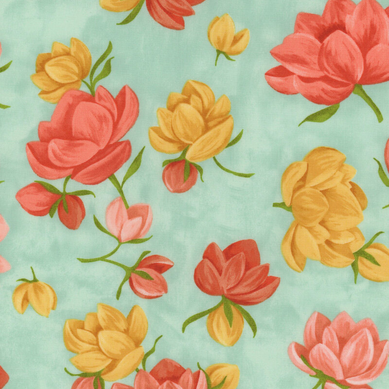 This fresh aqua fabric features tossed flowers featuring soft yellow and orange petals and tossed for a charming look.