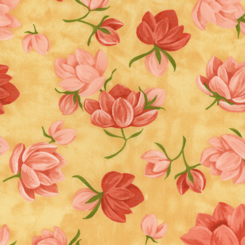 This fresh yellow fabric features tossed flowers featuring soft pink and red petals and tossed for a charming look.