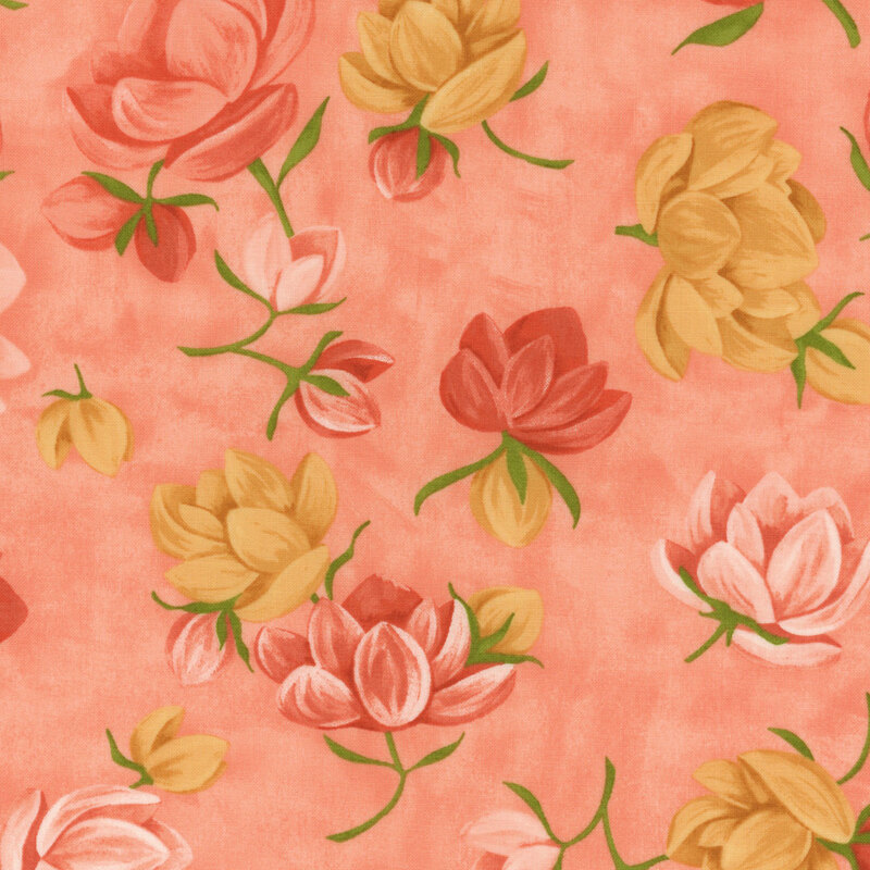 This fresh coral fabric features tossed flowers featuring soft yellow, pink, and orange petals and tossed for a charming look.