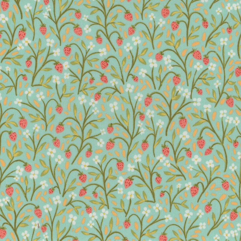 Pink strawberries on aqua fabric, hidden amid vines, charming daisies, and green grasses