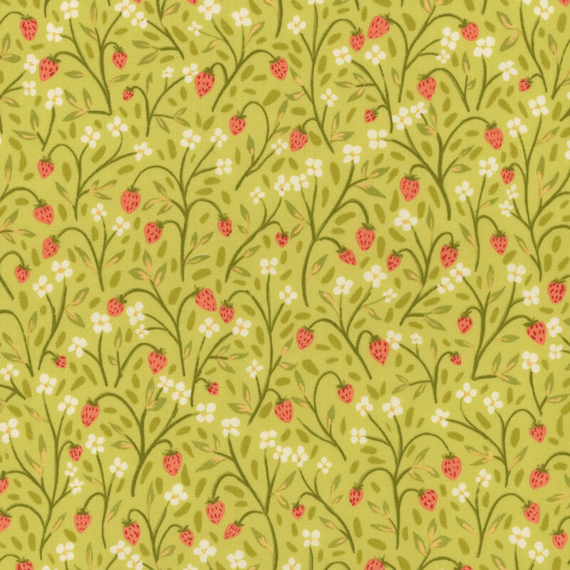 Pink strawberries on bright green fabric, hidden amid vines, charming daisies, and green grasses