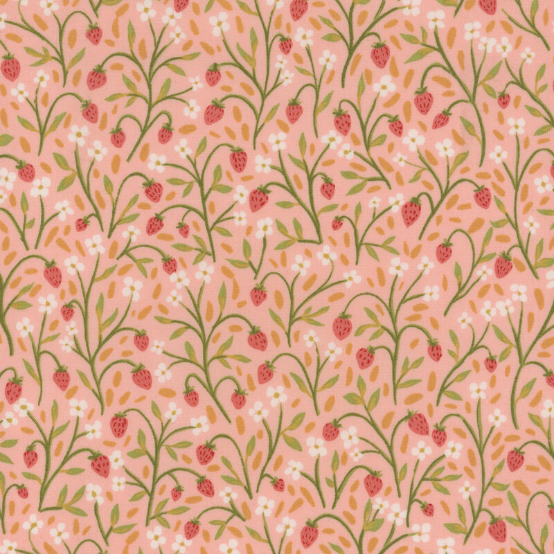 Pink strawberries on peach fabric, hidden amid vines, charming daisies, and green grasses