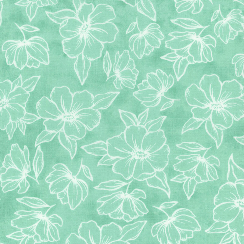 A floral pattern featuring outlines of large blossoms in white on an aqua fabric.