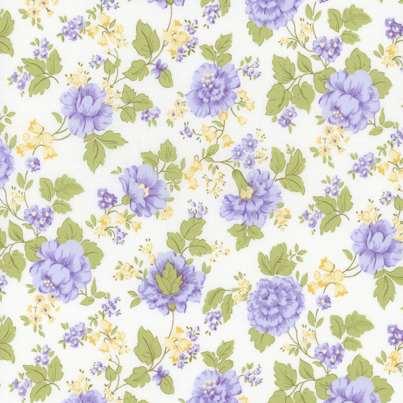 off white fabric with scattered purple and yellow florals