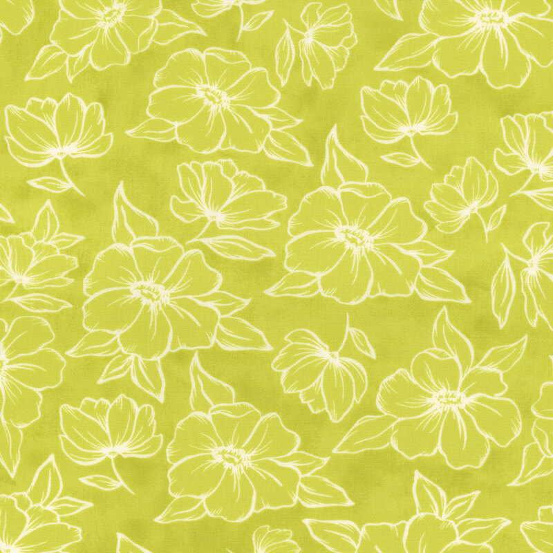 A floral pattern featuring outlines of large blossoms in white on a lime green fabric.