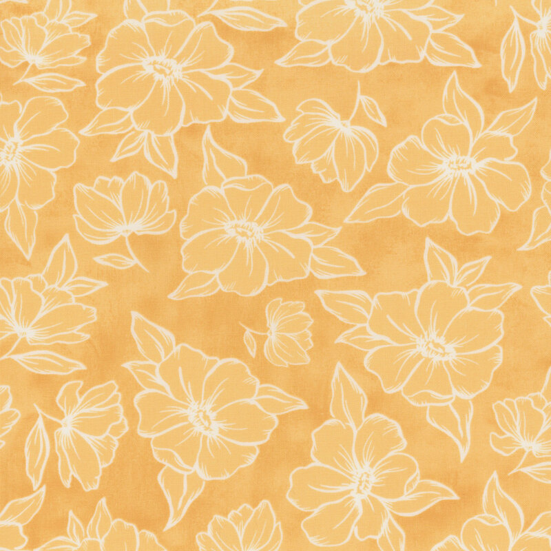 A floral pattern featuring outlines of large blossoms in white on a yellow fabric.