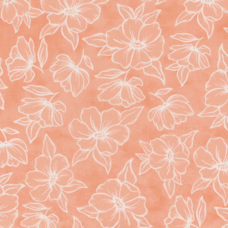A floral pattern featuring outlines of large blossoms in white on a peach fabric.