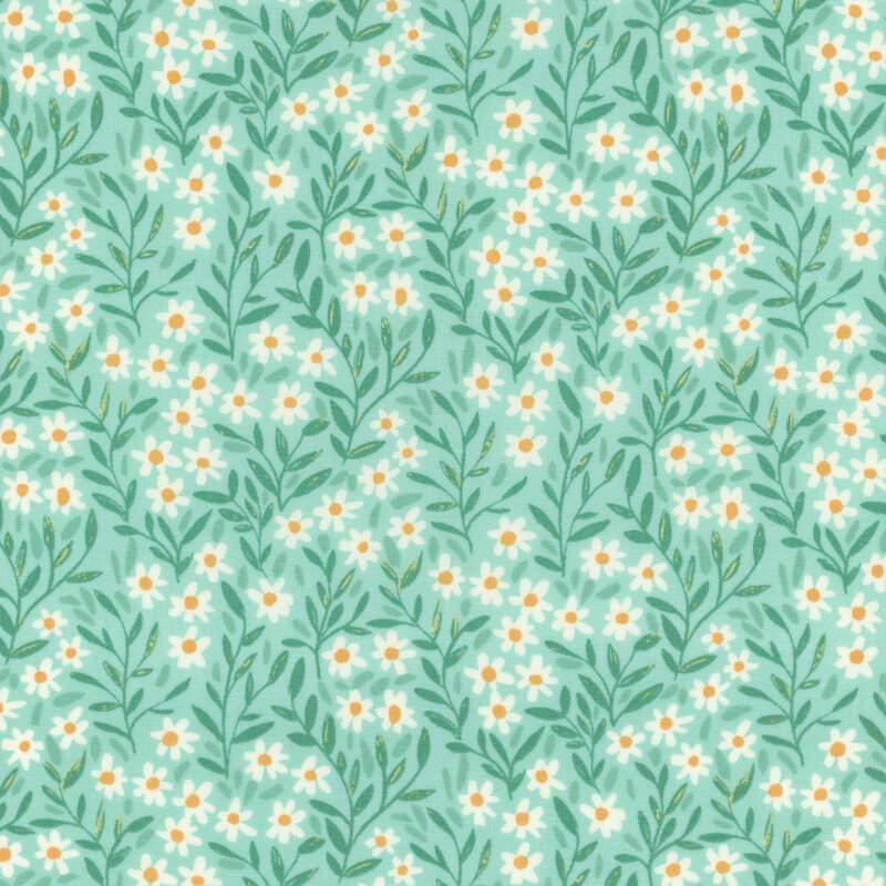 Aqua fabric featuring darker tonal leaves with small white daisies scattered all over.