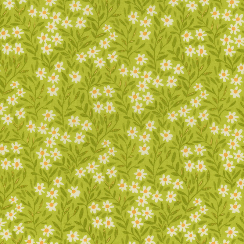Green fabric featuring darker tonal leaves with small white daisies scattered all over.