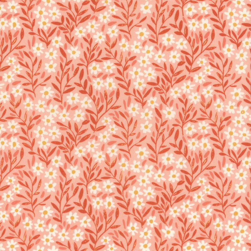 Peach fabric featuring darker tonal leaves with small white daisies scattered all over.