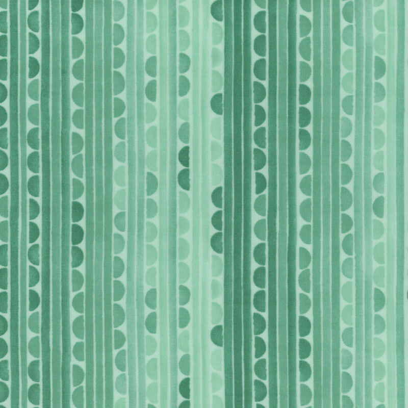 Aqua tonal fabric featuring a striped pattern unique in its watercolor and scalloped details