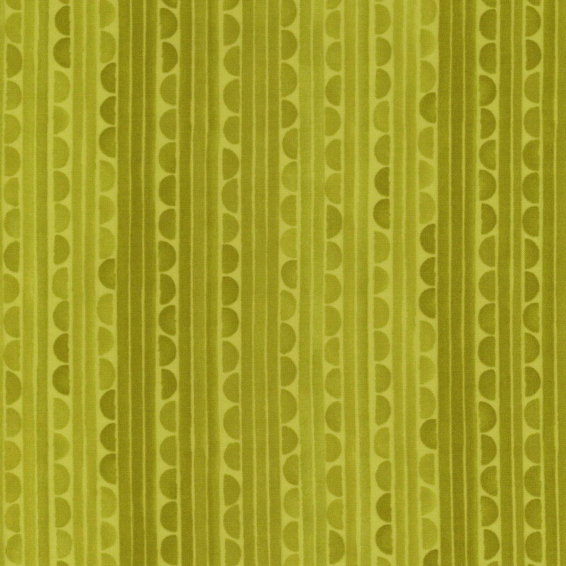 Green tonal fabric featuring a striped pattern unique in its watercolor and scalloped details