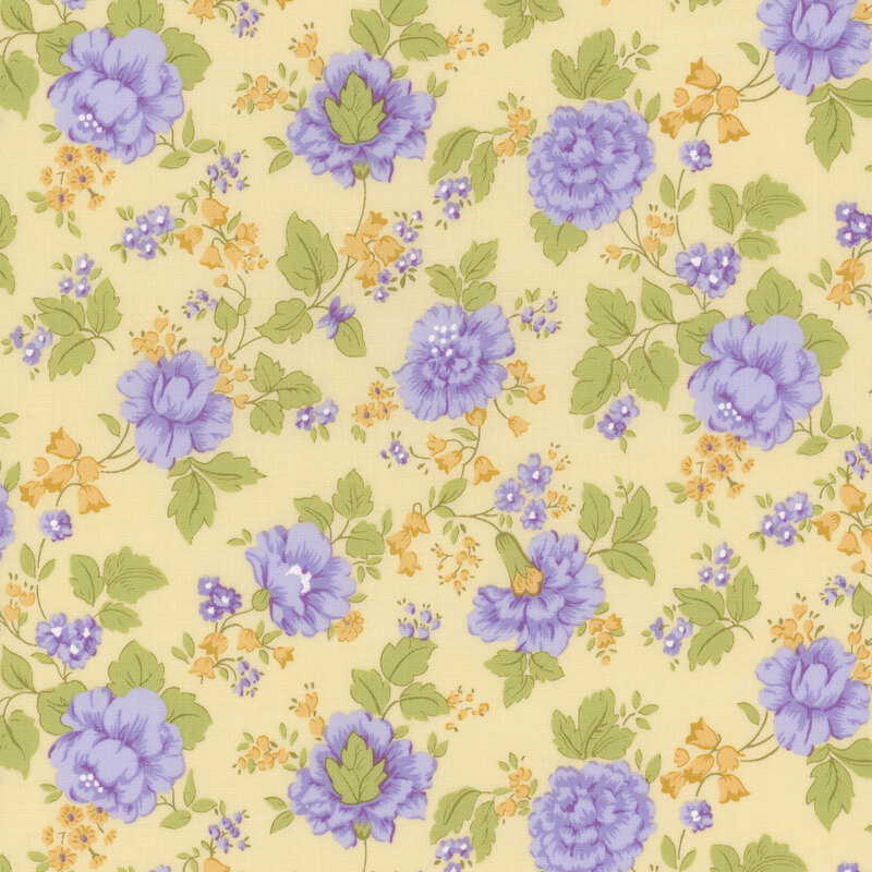 pale yellow fabric with scattered purple and yellow florals