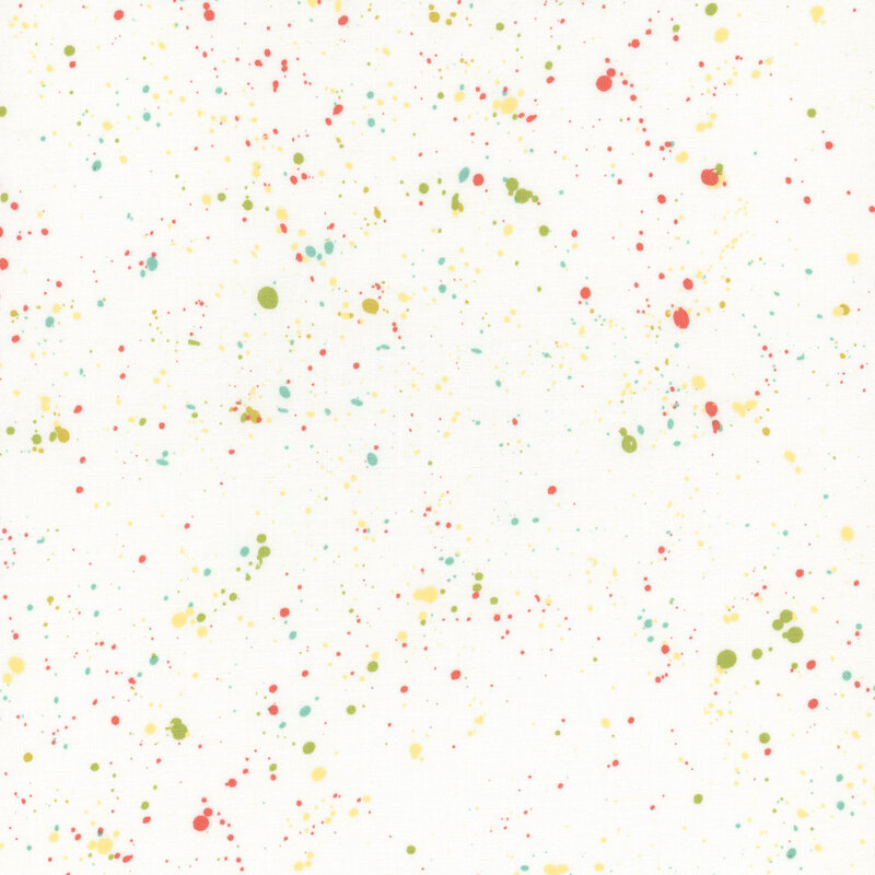 This white fabric features multicolored splatters all over