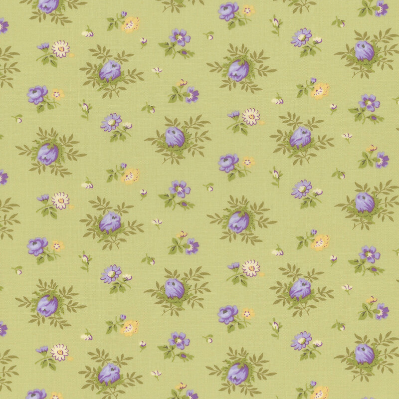 soft green fabric with scattered medium and small purple and yellow florals