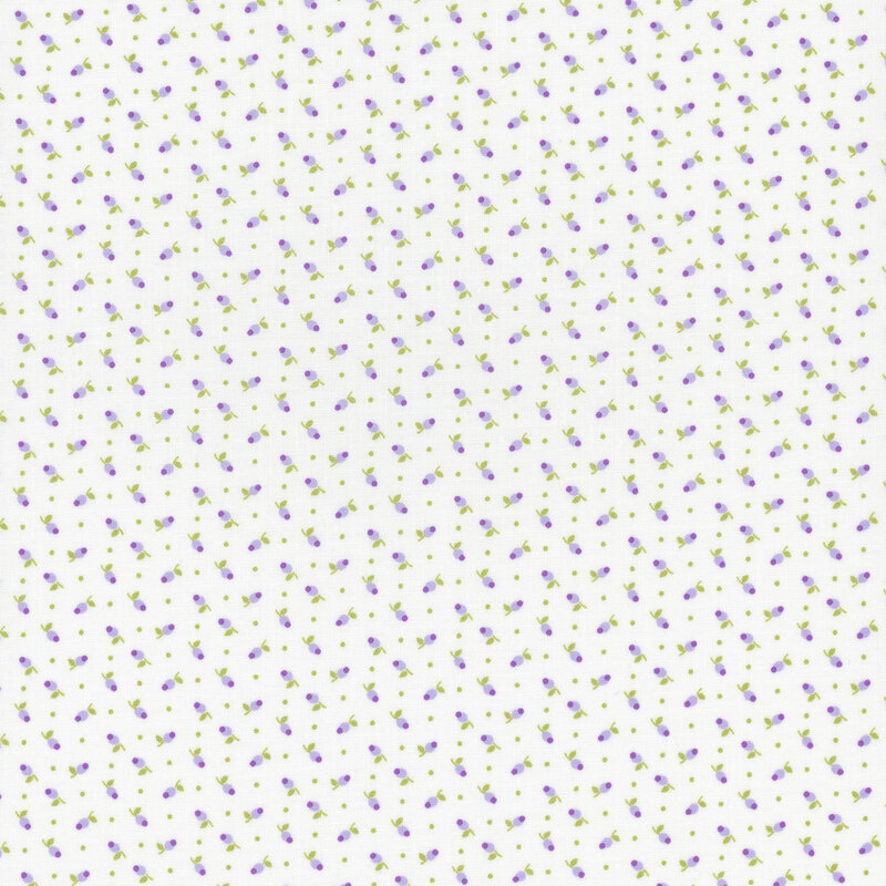 off white fabric with a ditsy pattern of small purple flowers and soft green dots