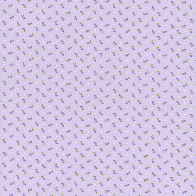 lavender fabric with a ditsy pattern of small purple flowers and off white dots