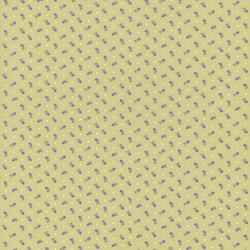 soft green fabric with a ditsy pattern of small purple flowers and off white dots
