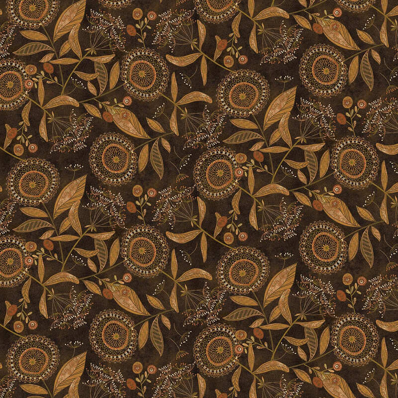dark brown fabric featuring intricate flowers