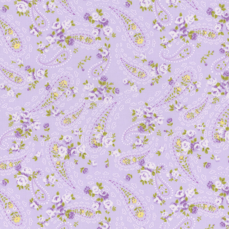 lavender fabric with scattered intricate off white paisley motifs, amidst small light purple and yellow florals