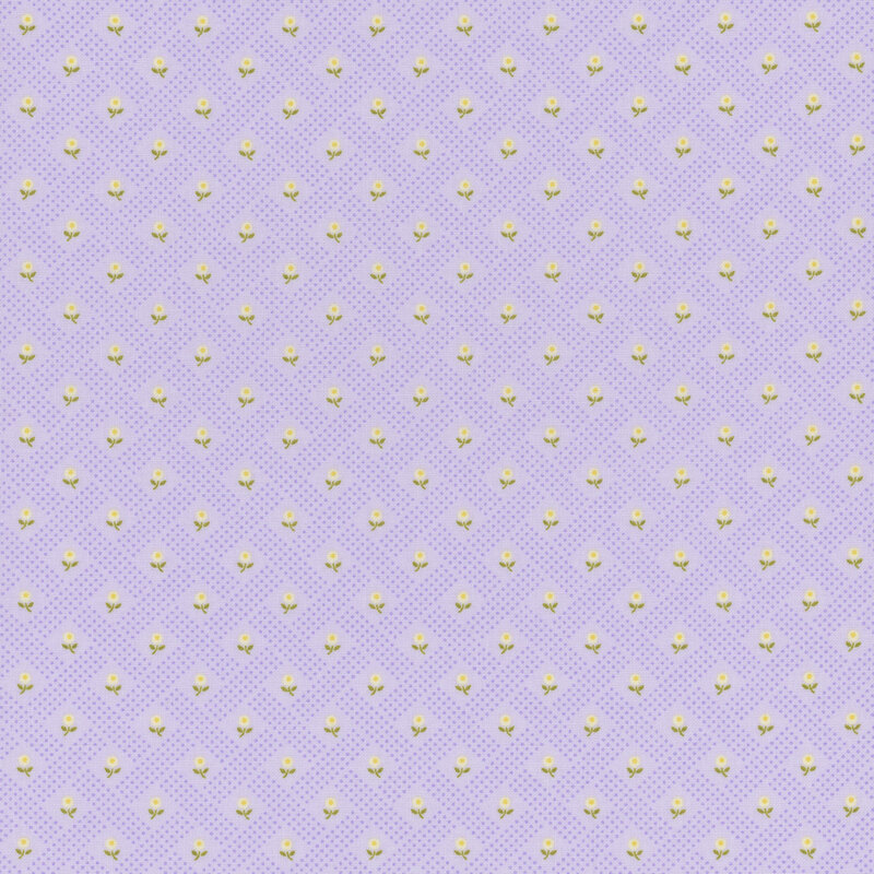 lavender fabric with a tonal dotted lattice grid featuring small yellow flowers
