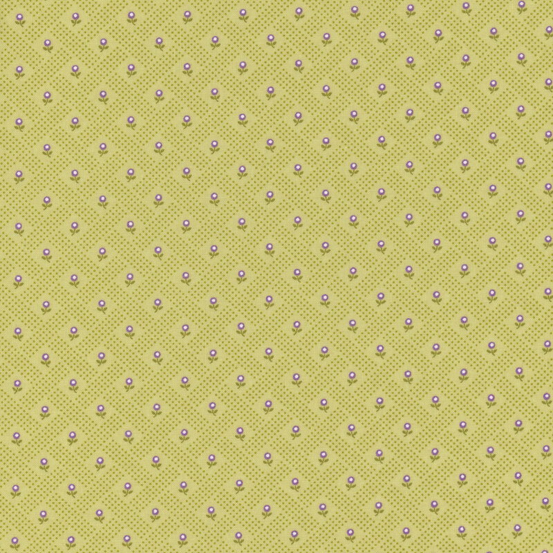 soft green fabric with a tonal dotted lattice grid featuring small purple flowers