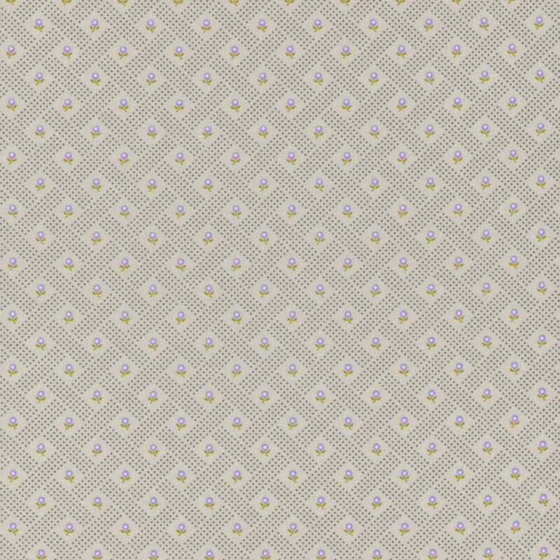 taupe fabric with a tonal dotted lattice grid featuring small purple flowers