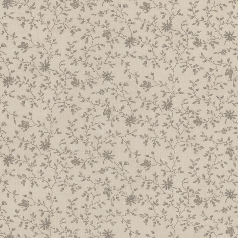 This taupe fabric features tonal vining flowers with delicate butterflies perched alongside them.