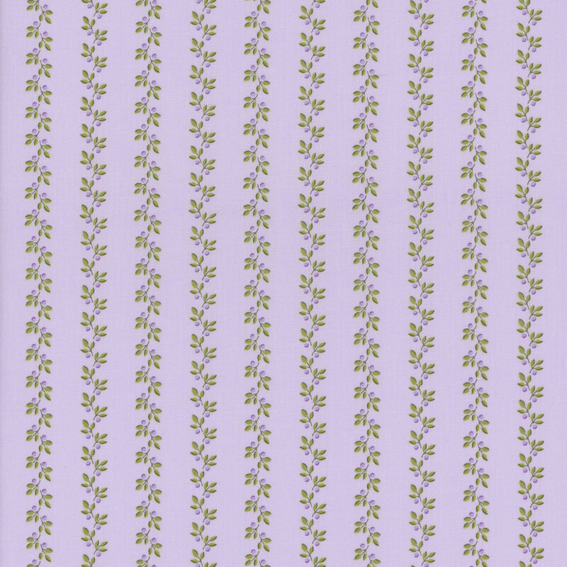 lavender fabric with stripes of leafy vines accented by small purple flower buds