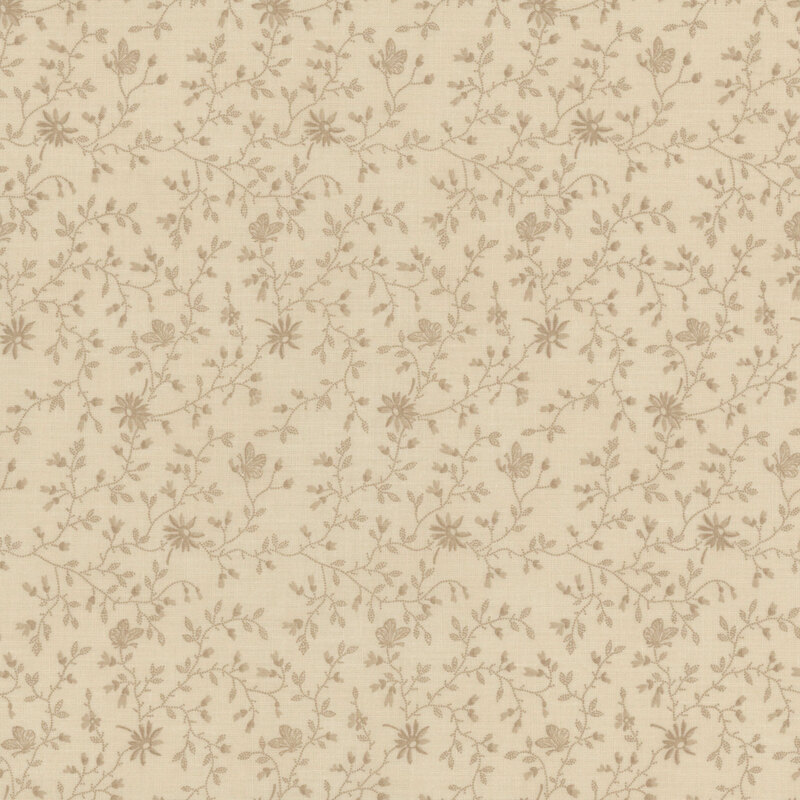 This dark cream fabric features tan tonal vining flowers with delicate butterflies perched alongside them.
