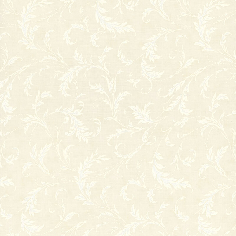 This beige fabric features cream feathery vines that curve in a delicate filigree design