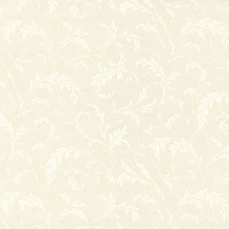 This beige fabric features cream feathery vines that curve in a delicate filigree design