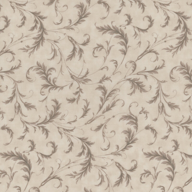 This taupe fabric features dark tonal feathery vines that curve in a delicate filigree design