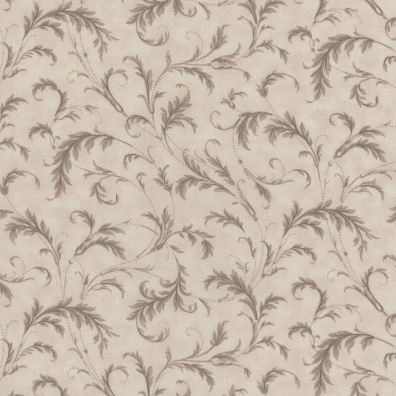 This taupe fabric features dark tonal feathery vines that curve in a delicate filigree design