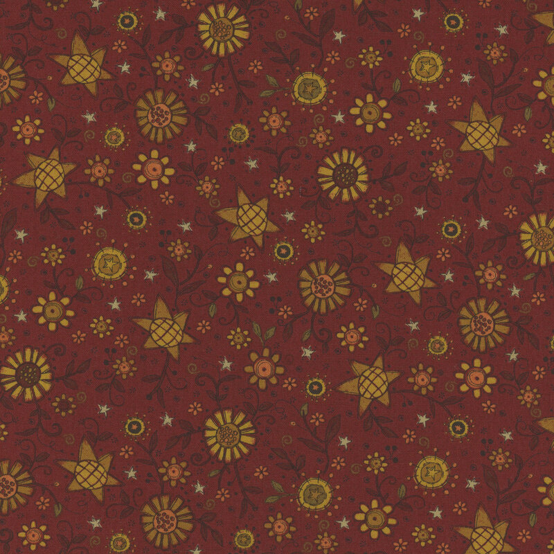 maroon fabric featuring leaves, flowers, and stars