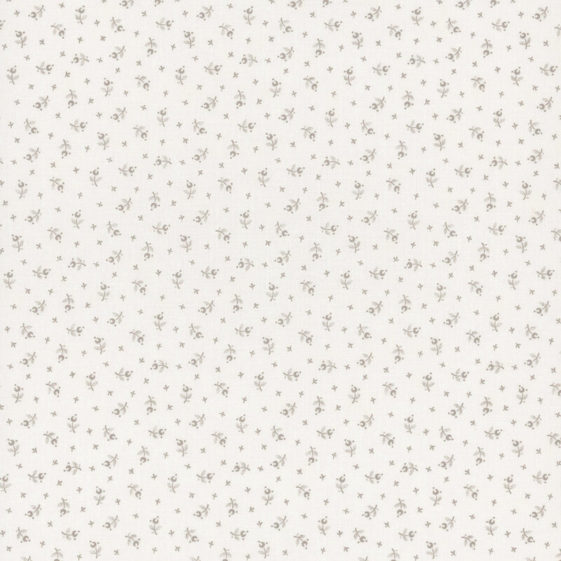 White fabric featuring tiny tossed gray floral motifs