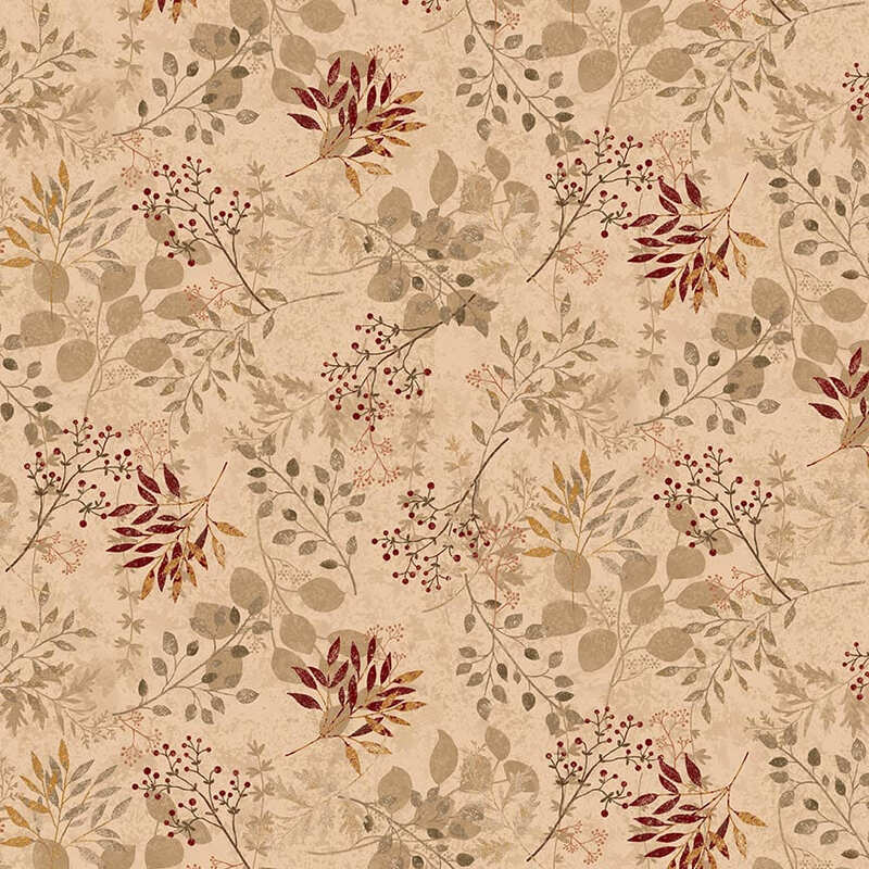 cream fabric featuring leaves and branches and berries 