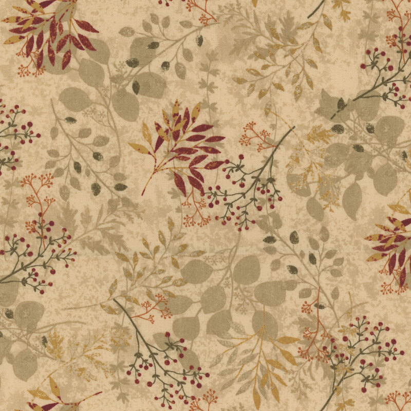 cream fabric featuring leaves and branches and berries 