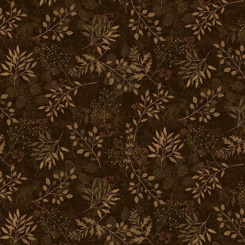 dark brown fabric featuring leaves and branches and berries 