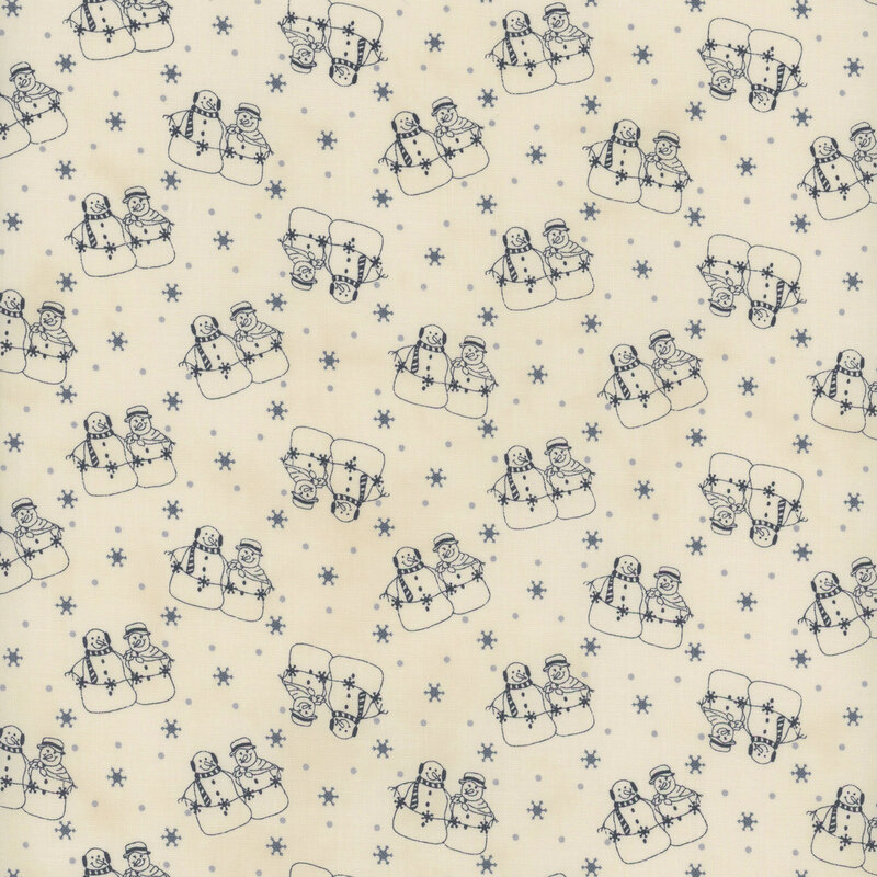 Taupe fabric with dark blue snowmen and snowflakes as well as steel blue dots