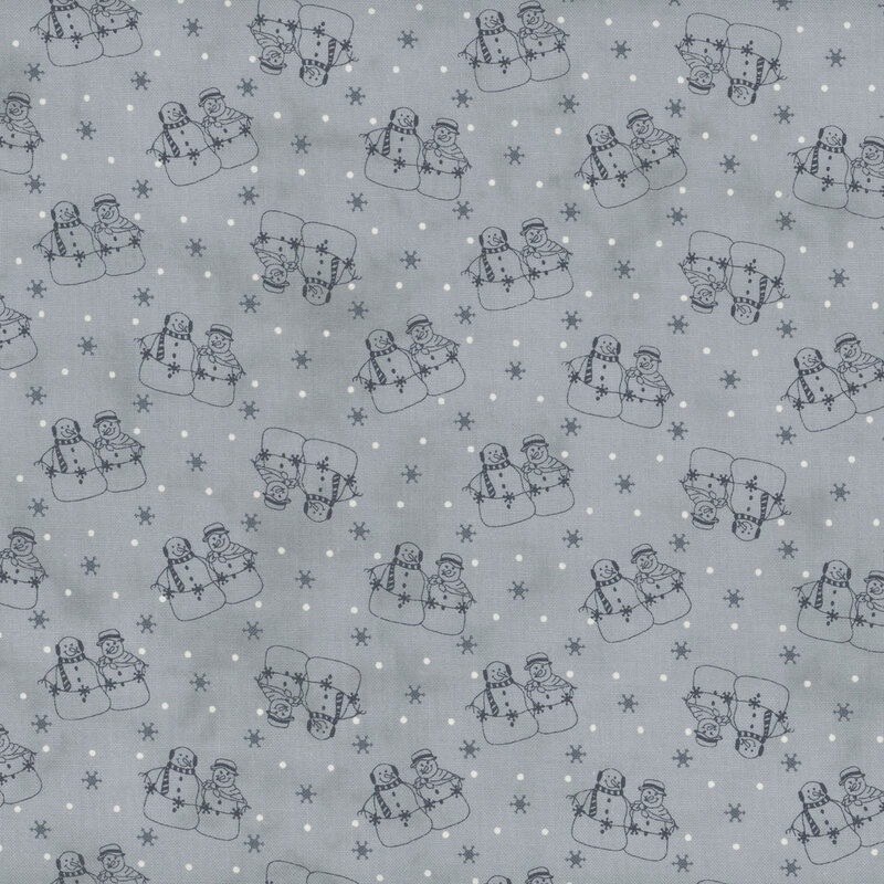 Dusty blue fabric with dark blue snowmen, steel blue snowflakes, off white dots