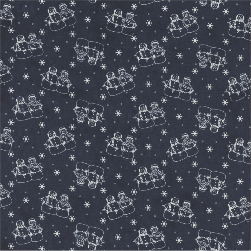 Midnight blue fabric with off white snowmen and snowflakes, as well as steel blue dots