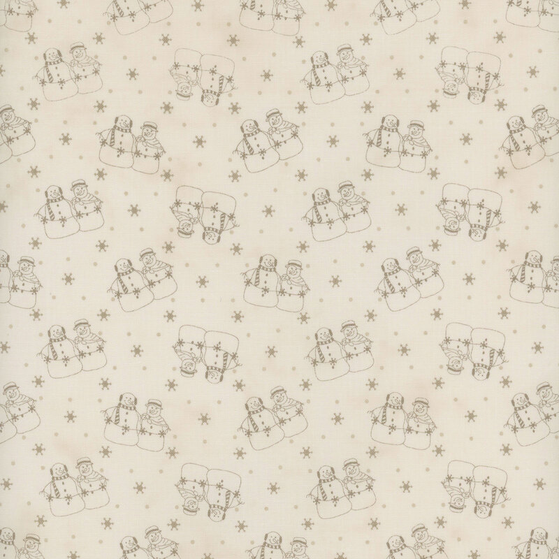 Off white fabric with taupe snowmen, snowflake, and dots